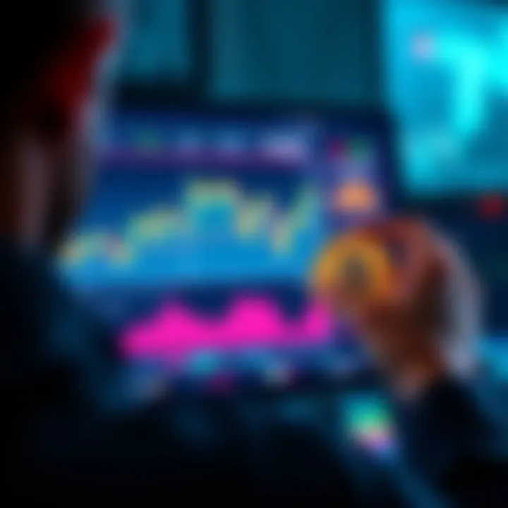 A person looking at a chart showing Bitcoin trends on a screen, with a Bitcoin coin in hand, contemplating investment decisions in 2026.