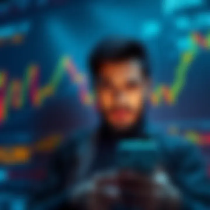 A person looking concerned while checking Bitcoin price changes on a smartphone, with charts showing volatility in the background.