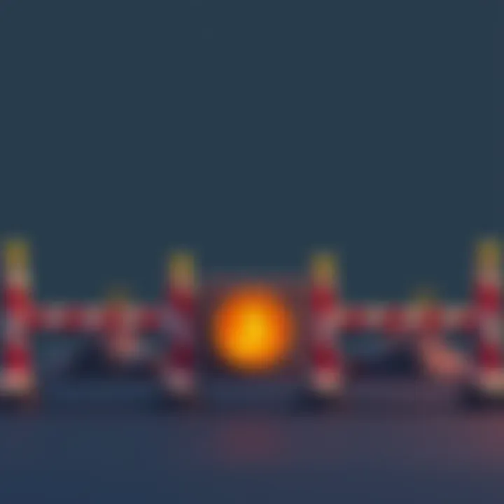 Illustration showing five obstacles in Bitcoin investment, represented by barriers with symbols of Bitcoin, money, and gear icons to signify innovation.