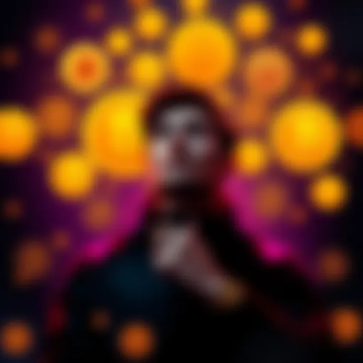 A person contemplating Bitcoin investment options, surrounded by various cryptocurrency symbols, looking thoughtful