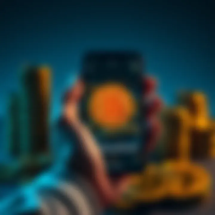 A person holding a smartphone displaying Bitcoin symbol, with stacks of coins in the background, representing investment in cryptocurrency.