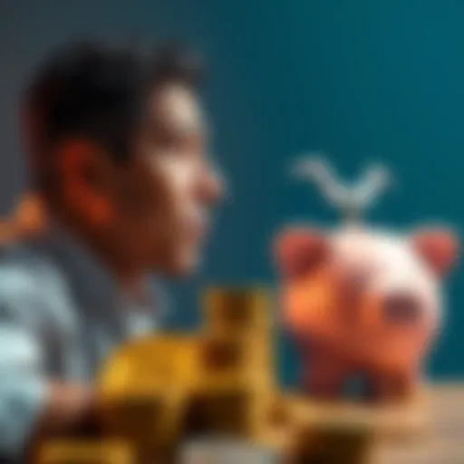 Bitcoin investment concept A person considering investing in Bitcoin with a stack of coins and a piggy bank in the background.