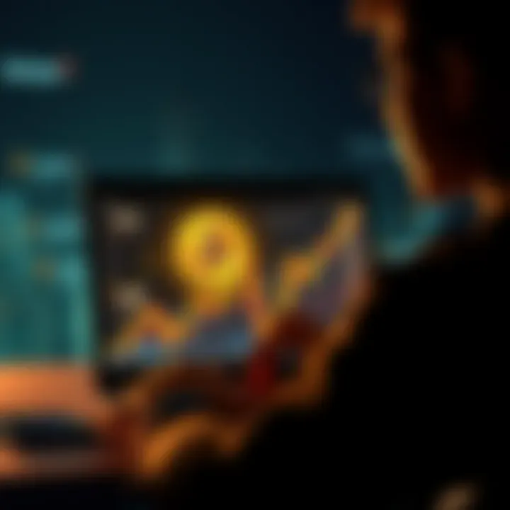 A person looking at a rising Bitcoin graph on a laptop screen, symbolizing investment growth.
