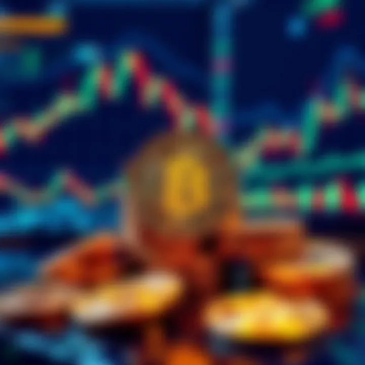 A graphic showing Bitcoin symbols with a backdrop of stock market graphs and financial news headlines