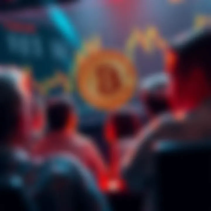A group of people discussing Bitcoin investment strategies with charts and graphs in the background