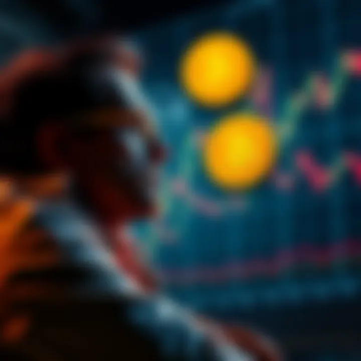 An investor contemplating whether to sell Bitcoin or hold for future gains, with fluctuating price charts in the background.