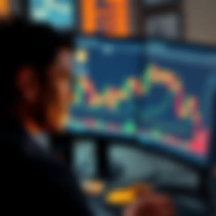 A person considering whether to sell or hold a Bitcoin investment worth $14,000, looking at a computer screen with financial graphs and coins in the foreground.