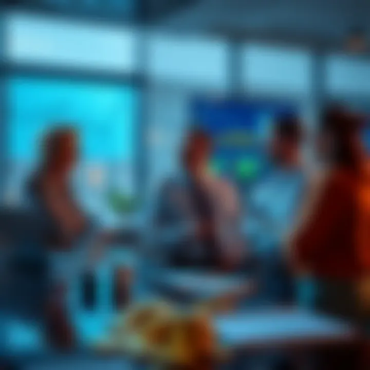 A group of investors discussing Bitcoin strategies at a modern office with charts and graphs on a screen.