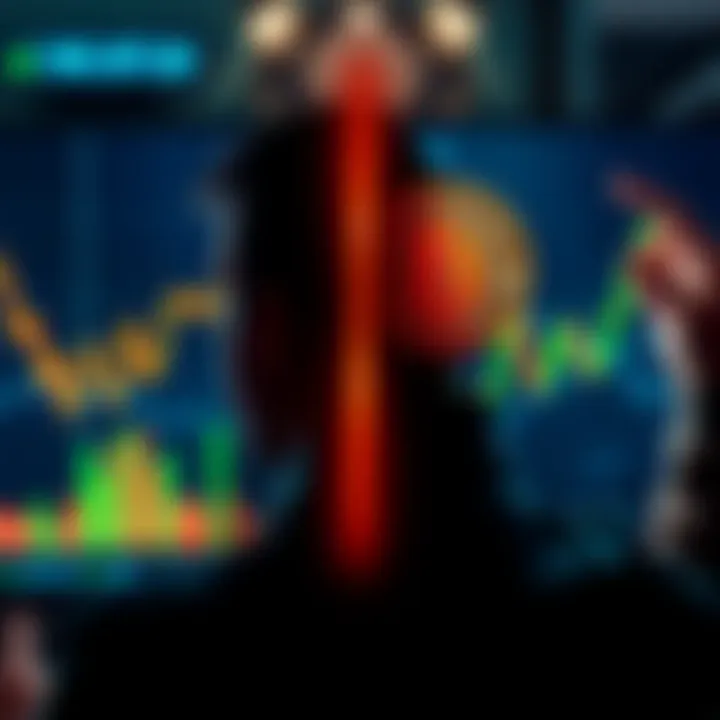 A split screen showing two contrasting views on Bitcoin investment: one side with a person looking at a declining graph and another side with someone excitedly analyzing a rising graph.