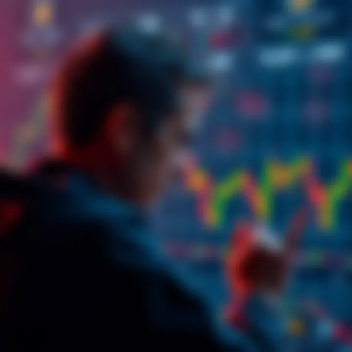 A person looking at a fluctuating Bitcoin price chart while considering whether to sell or hold their investment.