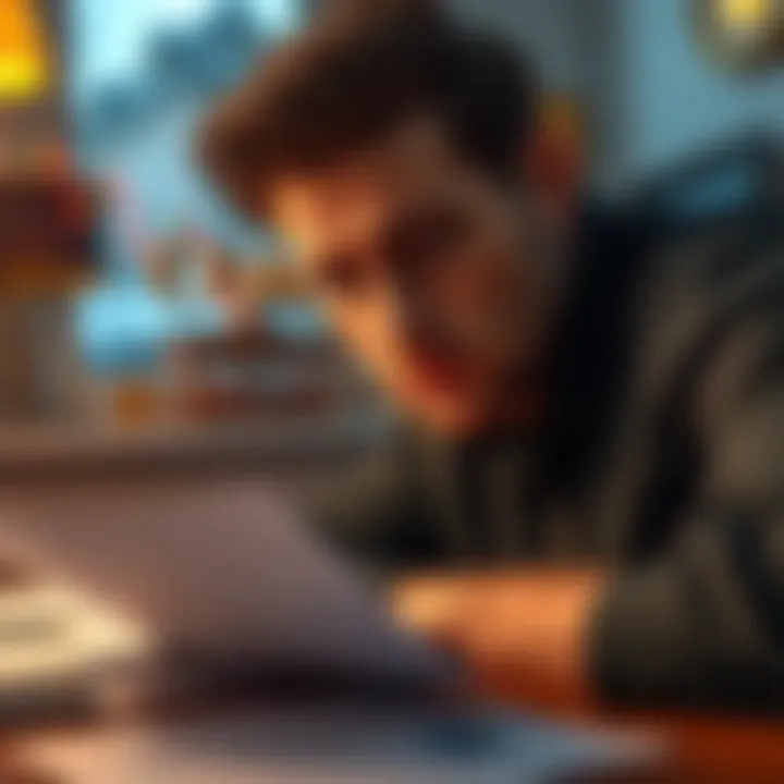 A person looks at a Bitcoin chart with a concerned expression, contemplating investment strategies about cryptocurrency. Papers and a calculator are on the table, showing the seriousness of the discus...