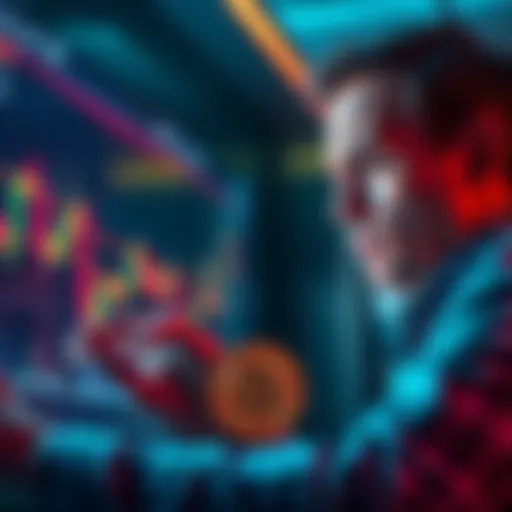 Bitcoin investment during downturn A person analyzing Bitcoin price charts with a concerned expression during a market dip