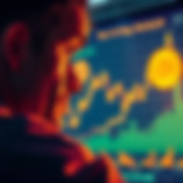 A person looking at a chart showing Bitcoin's rising value with a thoughtful expression, symbolizing investment reflection