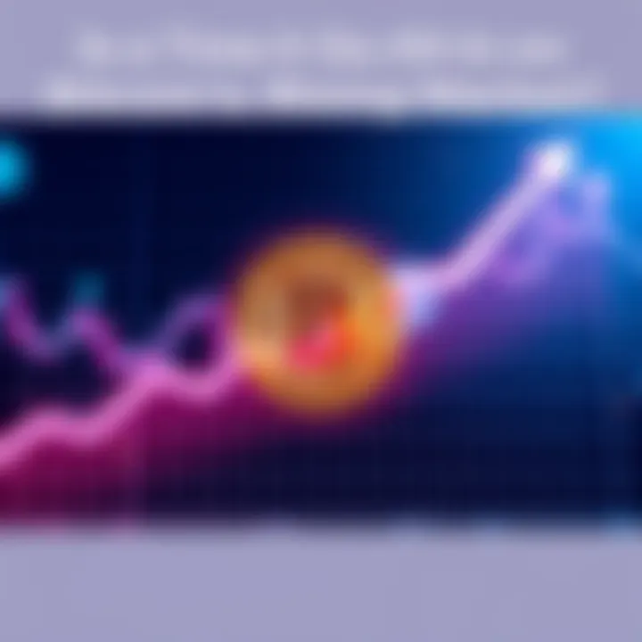 A graph showing the rising trend of Bitcoin prices with arrows indicating upward movement and a Bitcoin symbol in the center.