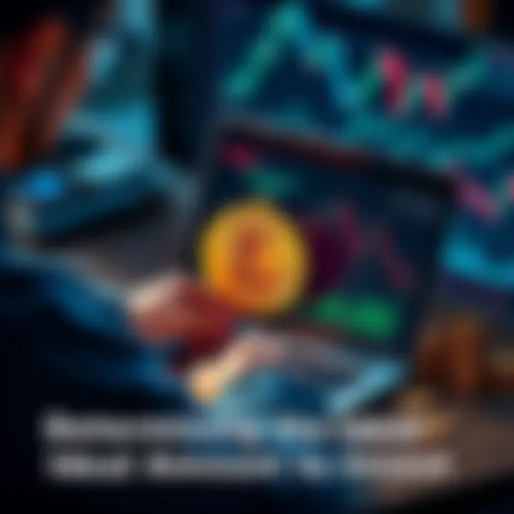 A person examining a Bitcoin wallet on a laptop with charts and coins around them.
