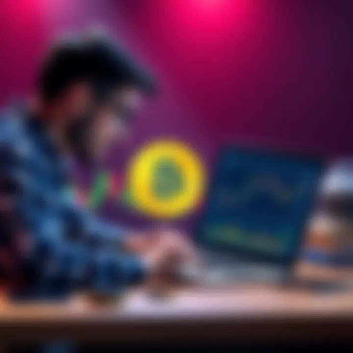 A beginner looking at a Bitcoin chart and a laptop with cryptocurrency platforms open
