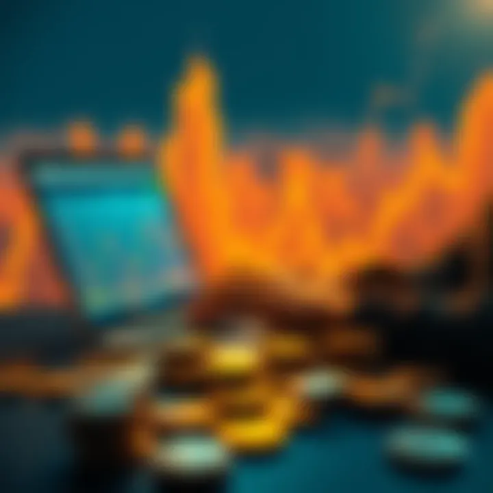 A person analyzing Bitcoin trends on a laptop while coins are scattered around, reflecting a steady investment approach.