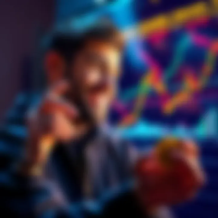 A person holding Bitcoin coins, smiling and looking at a chart showing rising prices, representing successful investment.