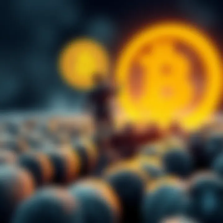 A daring individual stepping away from a herd of sheep towards a glowing Bitcoin symbol, symbolizing a shift in mindset and investment strategy