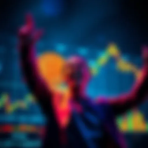 Person celebrating hitting 0.1 Bitcoin with a graph showing price decline in the background