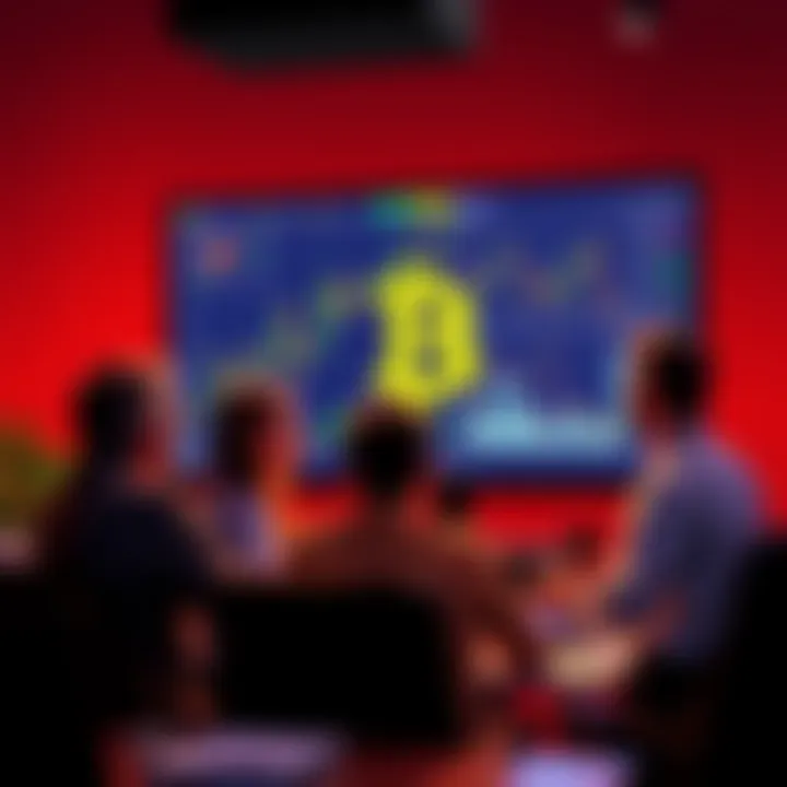 A group of people discussing Bitcoin investment strategies with charts and graphs on a screen