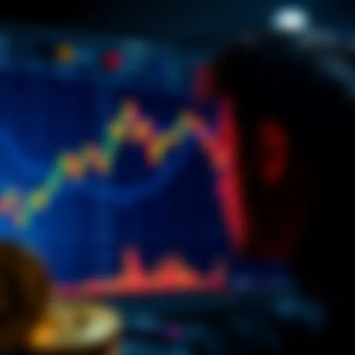 Bitcoin investment opportunity A person looking at a Bitcoin chart showing a downward trend, contemplating buying during the dip.