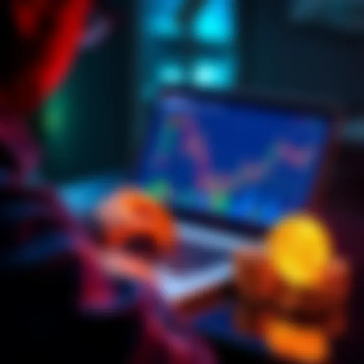 A person analyzing Bitcoin charts on a laptop with a stack of coins beside them, representing investment potential.