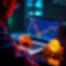Bitcoin Investment Opportunity A person analyzing Bitcoin charts on a laptop with a stack of coins beside them, representing investment potential.