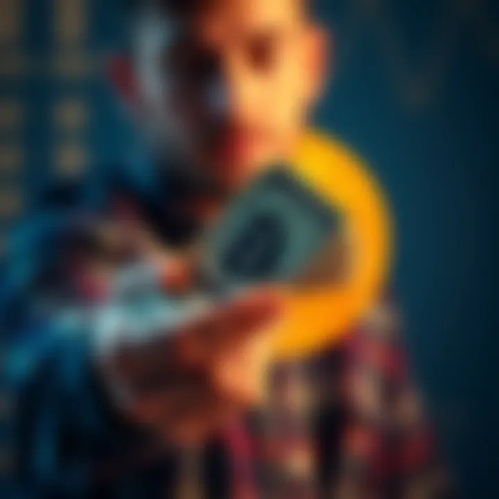 A person holding a small stack of cash with a Bitcoin symbol in the background, contemplating investing from each paycheck.