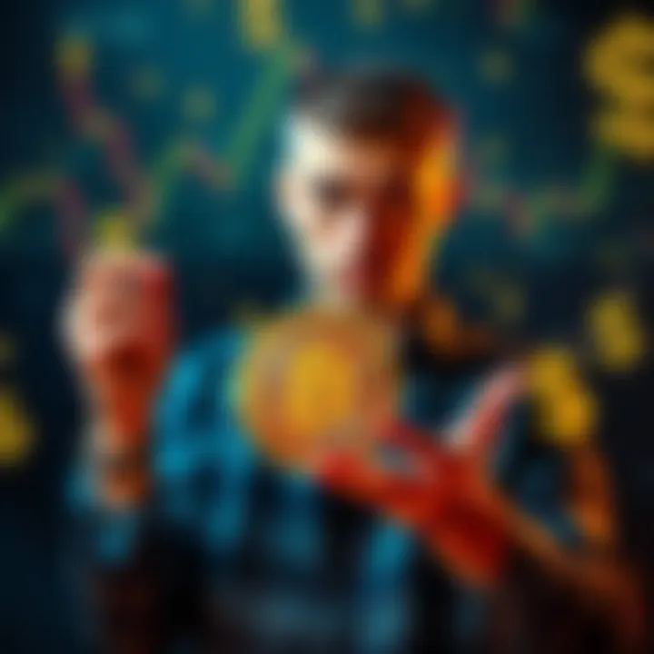 A person looking concerned while holding a Bitcoin symbol, surrounded by financial charts and dollar signs, contemplating their investment strategy.