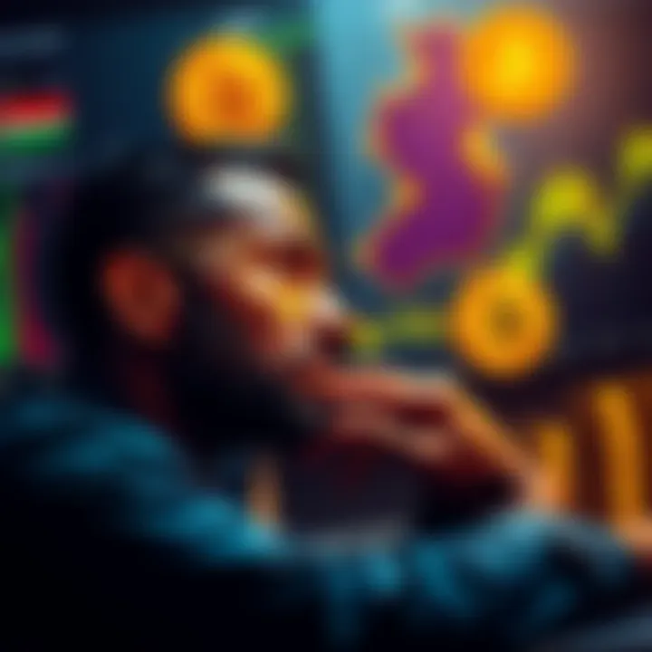 A South African investor contemplating Bitcoin vs ETFs with graphs and currency symbols