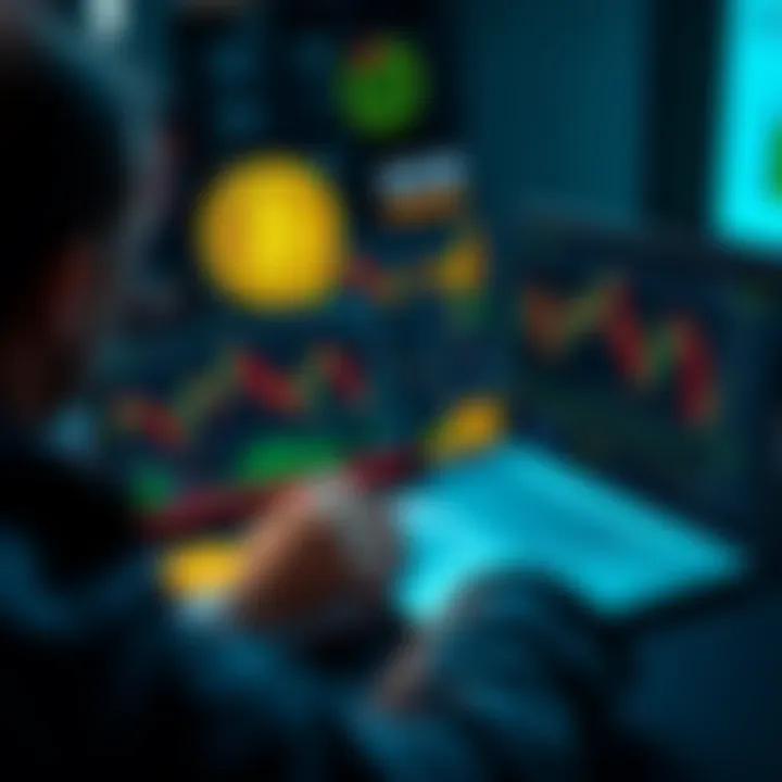 A person analyzing Bitcoin trends on a laptop with graphs and charts on the screen