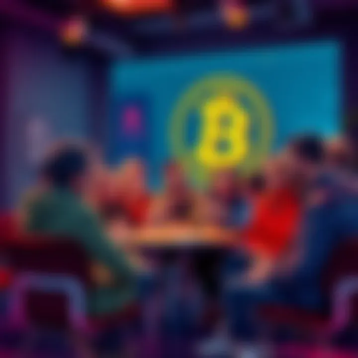 A group of people sharing ideas and opinions about Bitcoin investment strategies in a casual setting.