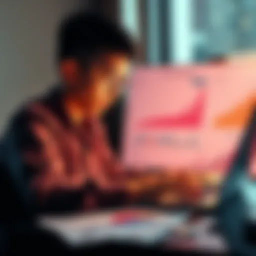 A young person analyzing a Bitcoin investment strategy on a laptop, with charts and graphs depicting long-term gains amidst inflation adjustments.