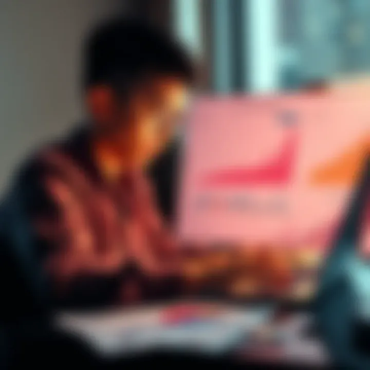 A young person analyzing a Bitcoin investment strategy on a laptop, with charts and graphs depicting long-term gains amidst inflation adjustments.