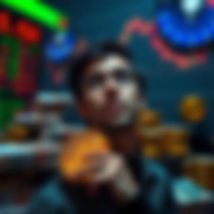 A person contemplating investing in Bitcoin with stacks of euros and stocks in the background