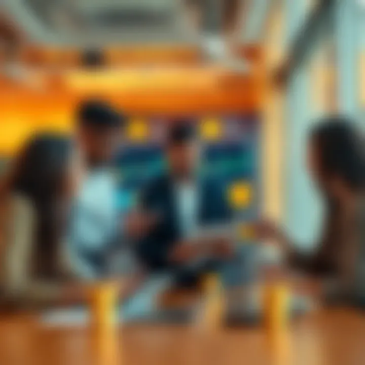 A diverse group of people analyzing Bitcoin charts and discussing investment strategies in a modern office setting.