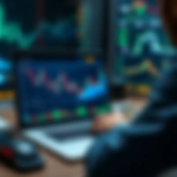 A person analyzing Bitcoin market trends on a laptop with charts and graphs displayed
