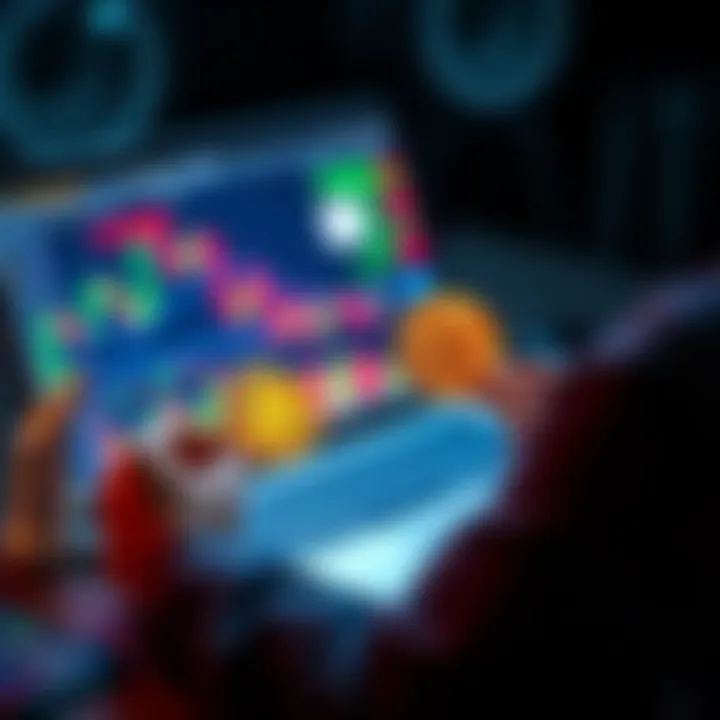 A person analyzing Bitcoin charts on a laptop while holding a coin, symbolizing investment strategy.