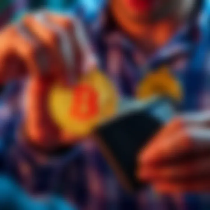 A person putting money into a Bitcoin wallet, representing daily investments with a focus on price drops.