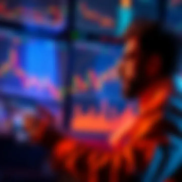 A graphic showing a person analyzing Bitcoin charts with investment symbols in the background.
