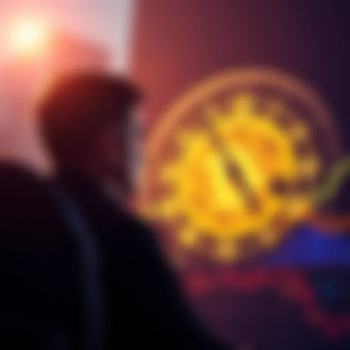 A person contemplating their Bitcoin investment horizon, looking at a chart of Bitcoin prices, with a clock symbol in the background.