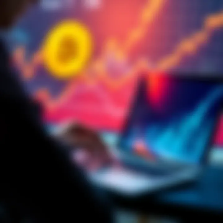 A person analyzing Bitcoin price charts on a laptop, considering a Dollar-Cost Averaging investment strategy, with a graph showing upward trends in the background.