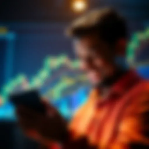 A person happily looking at a digital wallet showing 1% of a Bitcoin owned, with graph charts in the background indicating growth in investment.