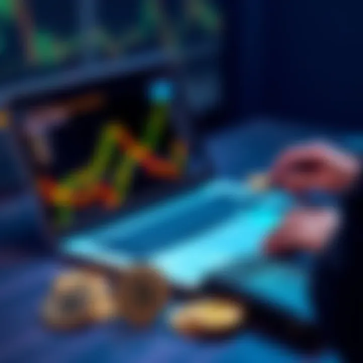 A person analyzing Bitcoin graphs on a laptop with a cryptocurrency wallet and coins nearby