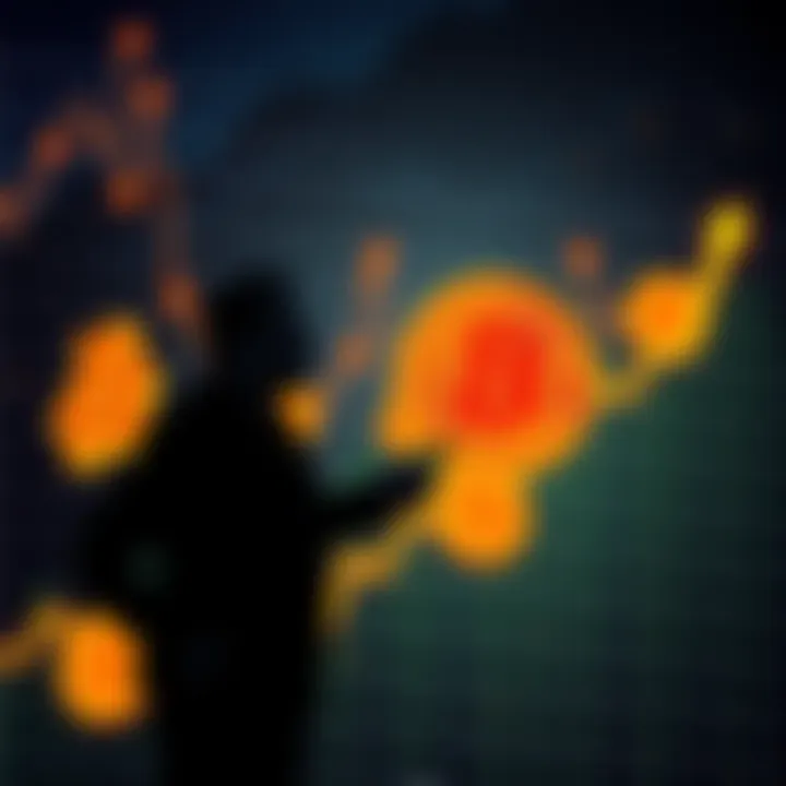 A graph showing Bitcoin growth with dollar signs and a silhouette of a millionaire contemplating investment