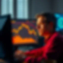 A person looking concerned while analyzing a Bitcoin chart showing a downward trend on a computer screen