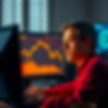 A person looking concerned while analyzing a Bitcoin chart showing a downward trend on a computer screen