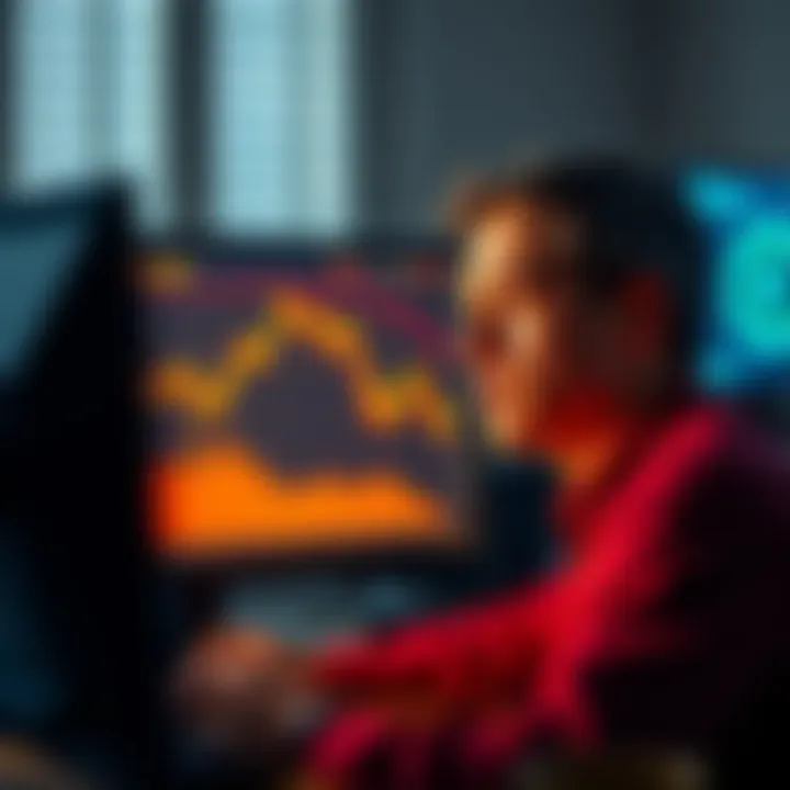A person looking concerned while analyzing a Bitcoin chart showing a downward trend on a computer screen