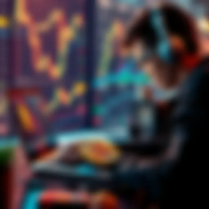 A young adult analyzing Bitcoin trends on a laptop, with stock charts and a Bitcoin symbol on the screen.